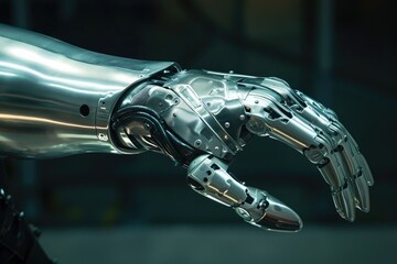 Poster - This photo showcases a detailed close up of a robots arm and hand, revealing the intricate mechanical joints and articulated fingers, Futuristic image of a prosthetic limb, AI Generated