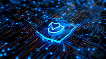 Poster - vibrant digital shield symbol on a circuit board, illustrating the concept of cybersecurity and data protection.