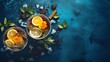 Two cups of healthy herbal tea with mint, cinnamon, dried rose and camomile flowers in spoons over blue background, top view
