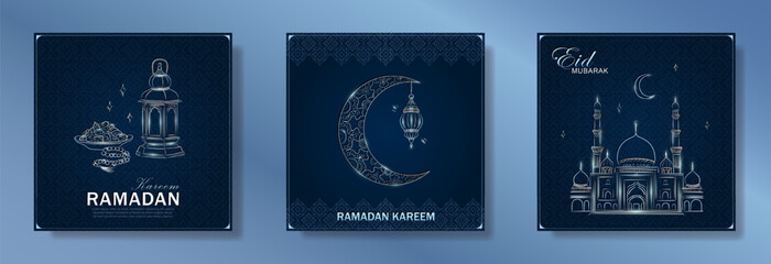 Wall Mural - Set of dark blue Ramadan Kareem square greeting cards with hand drawn linear silver Mosque, crescent moon, Arabic lantern, dates, Muslim rosary praying beads. Template of Eid Mubarak outline banners