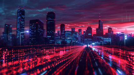 Poster - city skyline at sunset is superimposed with glowing digital binary code lines, symbolizing a high-tech urban environment.