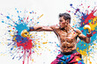 Boxer in action on a grunge background. Illustration of a boxer in action with colorful splash background. Portrait of an athletic male boxer with boxing gloves. 