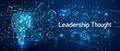 © png-jpeg-vector - A minimalistic-style banner featuring 'Leadership Thought' in blueprint text, accompanied by simple icons of a lightbulb, brain, and thinking bubble. leadership thought concept.