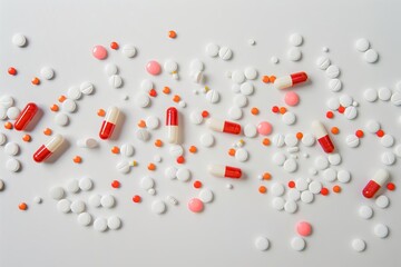 Canvas Print - Pharmaceutical concept featuring scattered capsules and pill bottles on a pristine white background Emphasizing healthcare and medicine