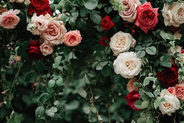 Poster - A cluster of vibrant flowers blooms on a tree branch in full view, Garden wedding with various types of roses and ivy, AI Generated