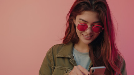 Wall Mural - A woman in trendy sunglasses focuses intently on her smartphone against a pink background.