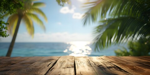 Wall Mural - empty wooden planks with blurry background beach and sea with coconut tree leaves