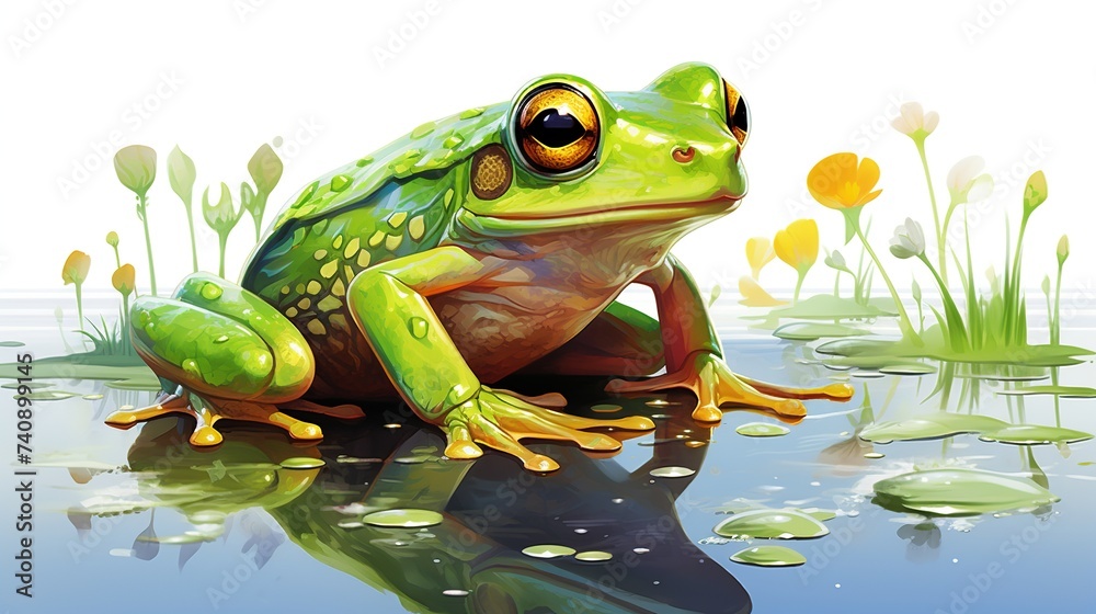 vector illustration of a painting of a green frog sitting on a leaf ...