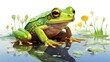 vector illustration of a painting of a green frog sitting on a leaf carried by the river current