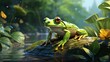 vector illustration of painting of a green frog standing on river rocks