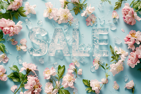 The word SALE made of ice with spring flowers around. Frozen ice cubes forming sign Sale, discount symbol. Spring sale card for social media promotion. Black Friday sale, shopping season banner
