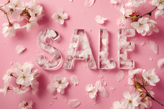The word SALE made of ice with spring flowers around. Frozen ice cubes forming sign Sale, discount symbol. Spring sale card for social media promotion. Black Friday sale, shopping season banner