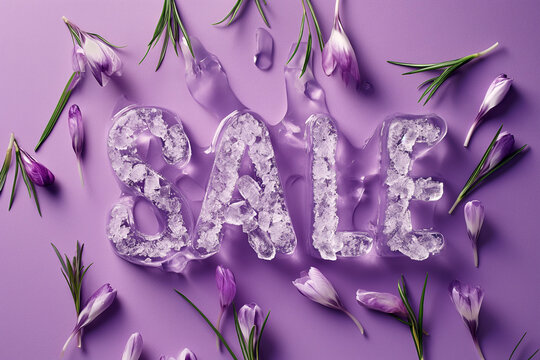 The word SALE made of ice with spring flowers around. Frozen ice cubes forming sign Sale, discount symbol. Spring sale card for social media promotion. Black Friday sale, shopping season banner