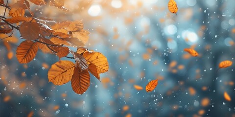 closeup beautiful orange foliage in autumn sunny day with blurry background