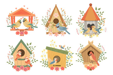 Wall Mural - A set of birdhouses with cute birds, decorated with flowers and leaves. Spring holiday illustration