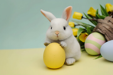 Wall Mural - Cute bunny rabbit, easter eggs and flowers. Concept of happy easter day.