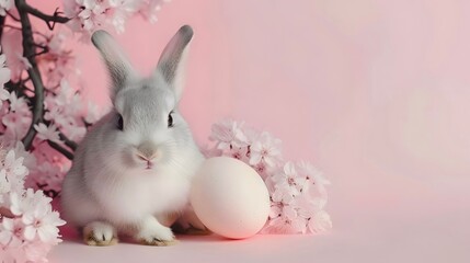 Canvas Print - Cute rabbit, easter egg and flowers. Concept and idea of happy easter day.