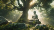 Buddha statue meditating near big tree.