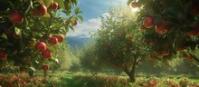 A Picturesque Natural Landscape Featuring A Field Of Apple Trees With Red Apples Hanging From Them Under A Clear Blue Sky With Fluffy White Clouds