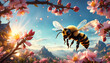 Nahaufnahme Biene fliegt vor Frühlings Himmel um frisch leuchtende Blüten Blume und sammelt Pollen für Honig und Nahrung, bestäubt Pflanzen damit diese Früchte tragen können, Hintergrund Sommer Sonne