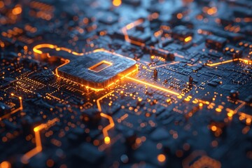 Poster - A detailed close-up of a circuit board showcasing the arrangement of components lit by vibrant yellow lights, Glowing digital keys being used to unlock encrypted data, AI Generated