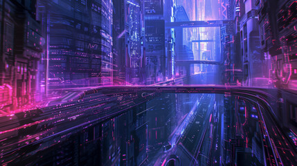 background with glowing lights, future cite in pink purple utopia buildings