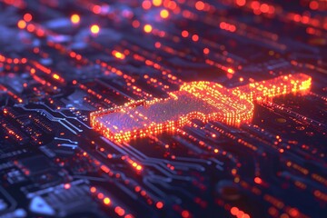 Canvas Print - A close-up photograph showcasing an abstract image of a cross design etched onto a circuit board, Glowing digital keys being used to unlock encrypted data, AI Generated