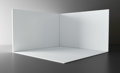 Booth 3d corner. Square corner. 3D exhibition booth. Showroom.  Empty geometric square. Blank box template. White blank exhibition stand. Presentation event room.