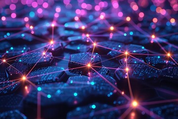 Poster - A computer keyboard with colorful LED lights glowing, creating a vibrant and eye-catching display, Glowing neon network nodes symbolising secure connections, AI Generated
