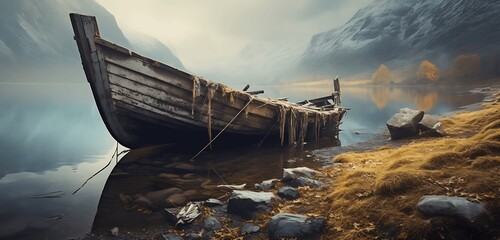 Fantasy landscape with old boat on the lake. Generative AI