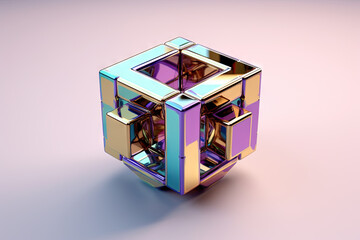 Poster - Ethereal geometric sculpture with a cube shape. Shiny crystal cube structure with vibrant colors in vaporwave and y2k style.