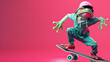 © ximich_natali - Modern funny frog in a baseball cap rolls on a skateboard in a dynamic pose. Symbol of the day in a leap year, celebrating the event of the frog jump on February 29