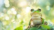 Close-up of a bright green frog among lush foliage under soft fairy lights. Beautiful bokeh, copy space.