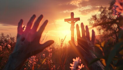Sticker - Silhouette of hands on the background of the cross and sunset