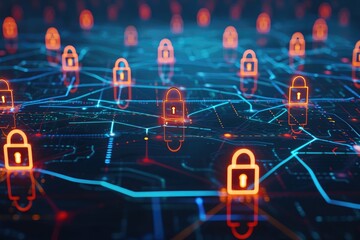 Poster - a computer screen showcasing numerous padlocks, symbolizing security and protection, graphic concept