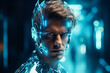 Futuristic portrait of a male in neon holograms, android cyborg as a concept of nearest future technologies. Innovative robotics and Artificial Intelligence in daily life