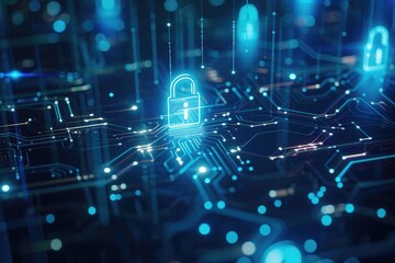 Poster - A detailed close-up of a computer circuit board showing an integrated lock mechanism designed to enhance security, Graphic concept of network encryption in a clean design, AI Generated