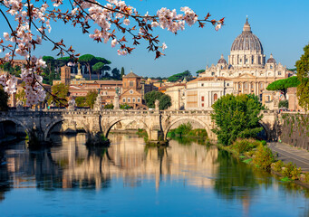 Poster - St Peter's basilica in Vatican and St. Angel bridge in spring, Rome, Italy