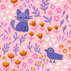 Wall Mural - Cute vector seamless pattern with cute animals and floral elements. Cartoon beautiful background.