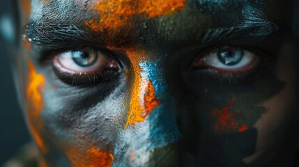 portrait of soldier man in paint camouflage, face of male warrior dye painted