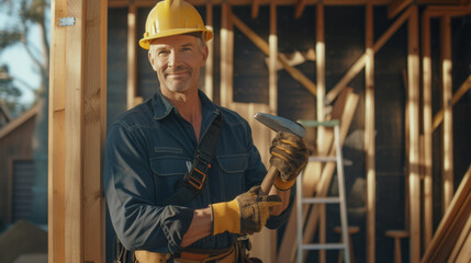 Wall Mural - smiling construction worker wearing a yellow hard hat and blue shirt, with a wooden structure and ladder in the background.