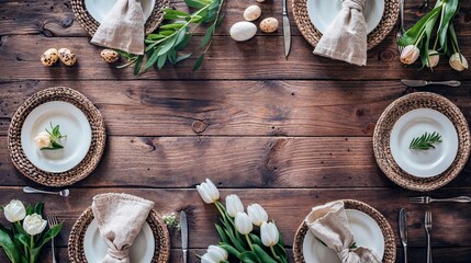 Wall Mural - Easter table setting, easter eggs and flowers decoration on wooden background, top view