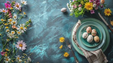 Wall Mural - Easter table setting, easter eggs and flowers decoration on blue background, top view