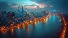 Royalty high quality free stock image aerial view of Ho Chi Minh city, Vietnam. Beauty skyscrapers along river light smooth down urban development
