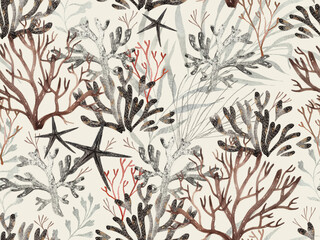 Seamless pattern drawn in watercolor with seaweed, starfish and corals.