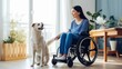 Girl in wheelchair is playing with dog on wooden floor