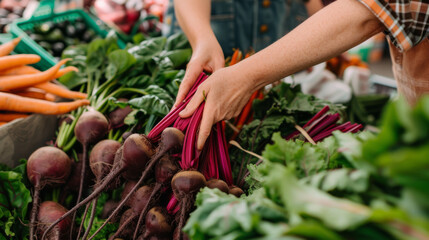 Sticker - person's hand selecting fresh beetroots from a display of various vegetables at a market stall.