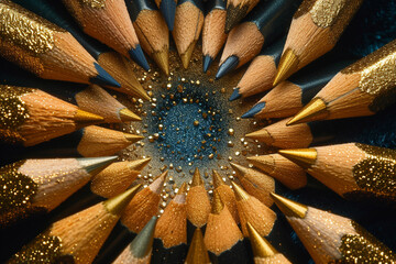 Poster - An extravagant display of gold and silver pencils arranged in a spiral pattern on a velvet backdrop,