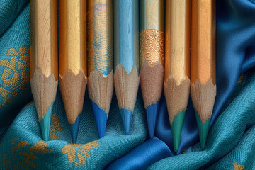 Aufkleber - A lavish composition of pencils in shades of sapphire blue and emerald green, set against a backdrop of silk brocade,