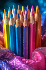 Aufkleber - An artistic, abstract arrangement of brightly colored pencils on a backdrop of shimmering, metallic fabric,